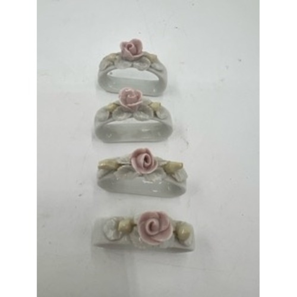Vintage Porcelain Pink Rose Napkin Rings Set of 4 Floral Ceramic Table Decor